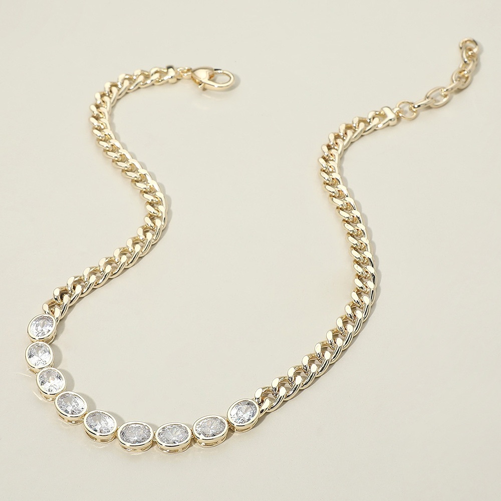 14K Gold Plated Round CZ Bezel Set Link Curb Chain Necklace